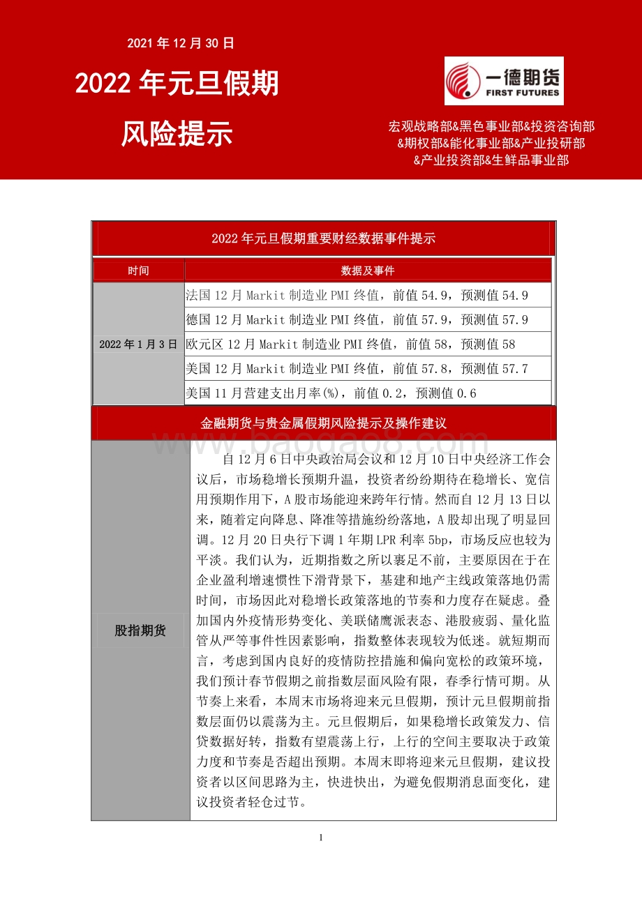 20211230-一德期货-2022年元旦假期风险提示_10页_882kb.pdf_第1页