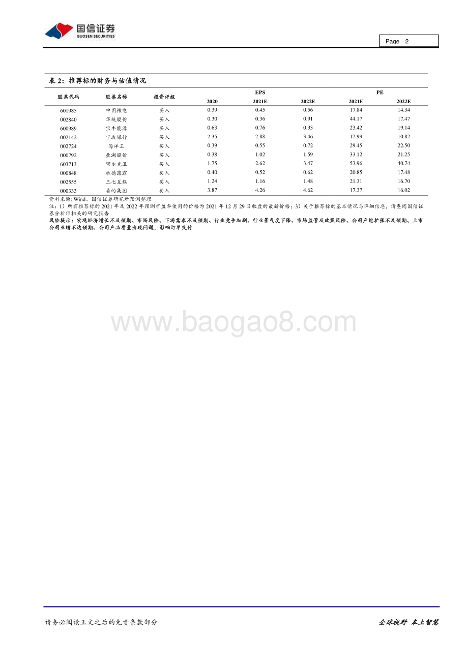 20211230-国信证券-2022年1月各行业金股推荐汇总_4页_694kb.pdf_第2页