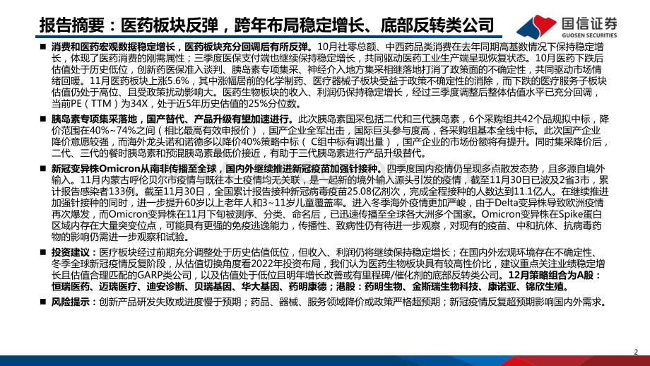 医药生物行业2021年12月投资策略：跨年布局医药板块警惕新冠o变异株-20211209-国信证券-34页_1mb.pdf_第2页