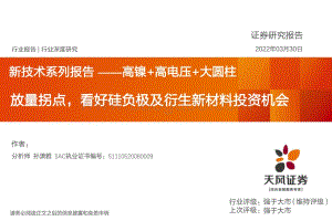 深度报告-20220330-天风证券-锂电池行业新技术系列报告——高镍+高电压+大圆柱_放量拐点_看好硅负极及衍生新材料投资机会_48页_1mb.pdf