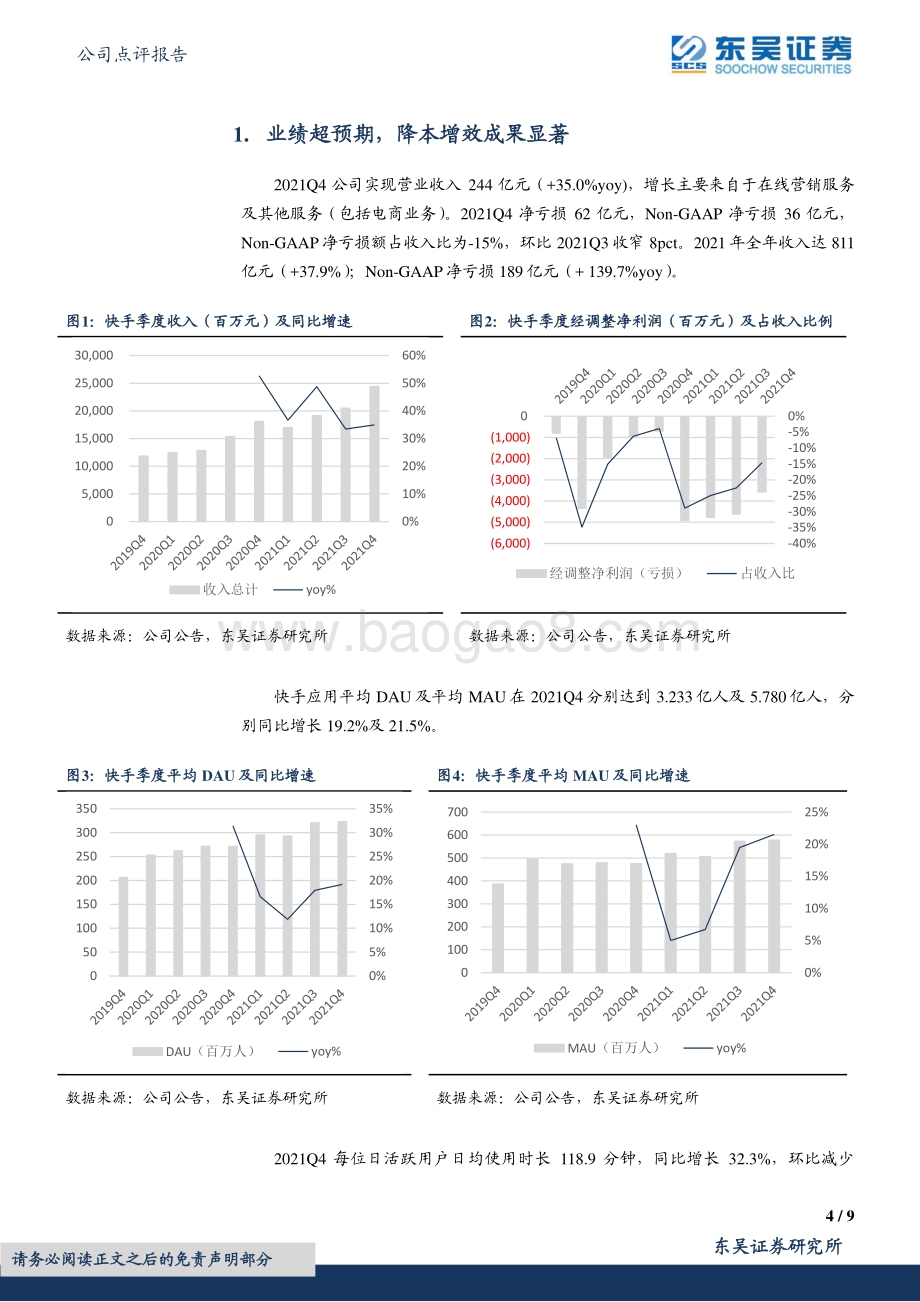 20220330-东吴证券-快手-W-01024.HK-2021年报点评_业绩超预期_降本增效成果显著_9页_950kb (1).pdf_第4页