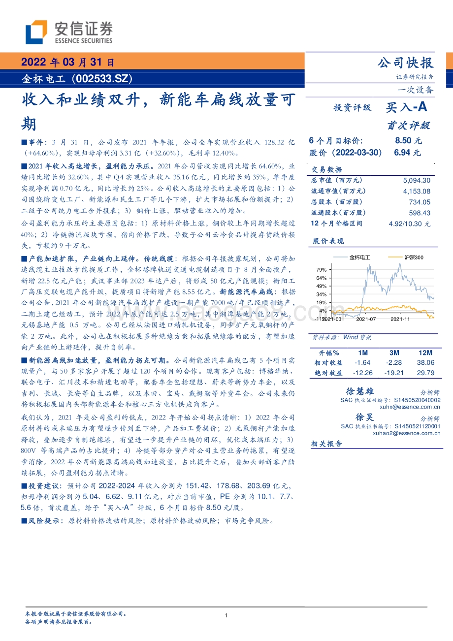 20220331-安信证券-金杯电工-002533.SZ-收入和业绩双升_新能车扁线放量可期_5页_359kb (1).pdf_第1页