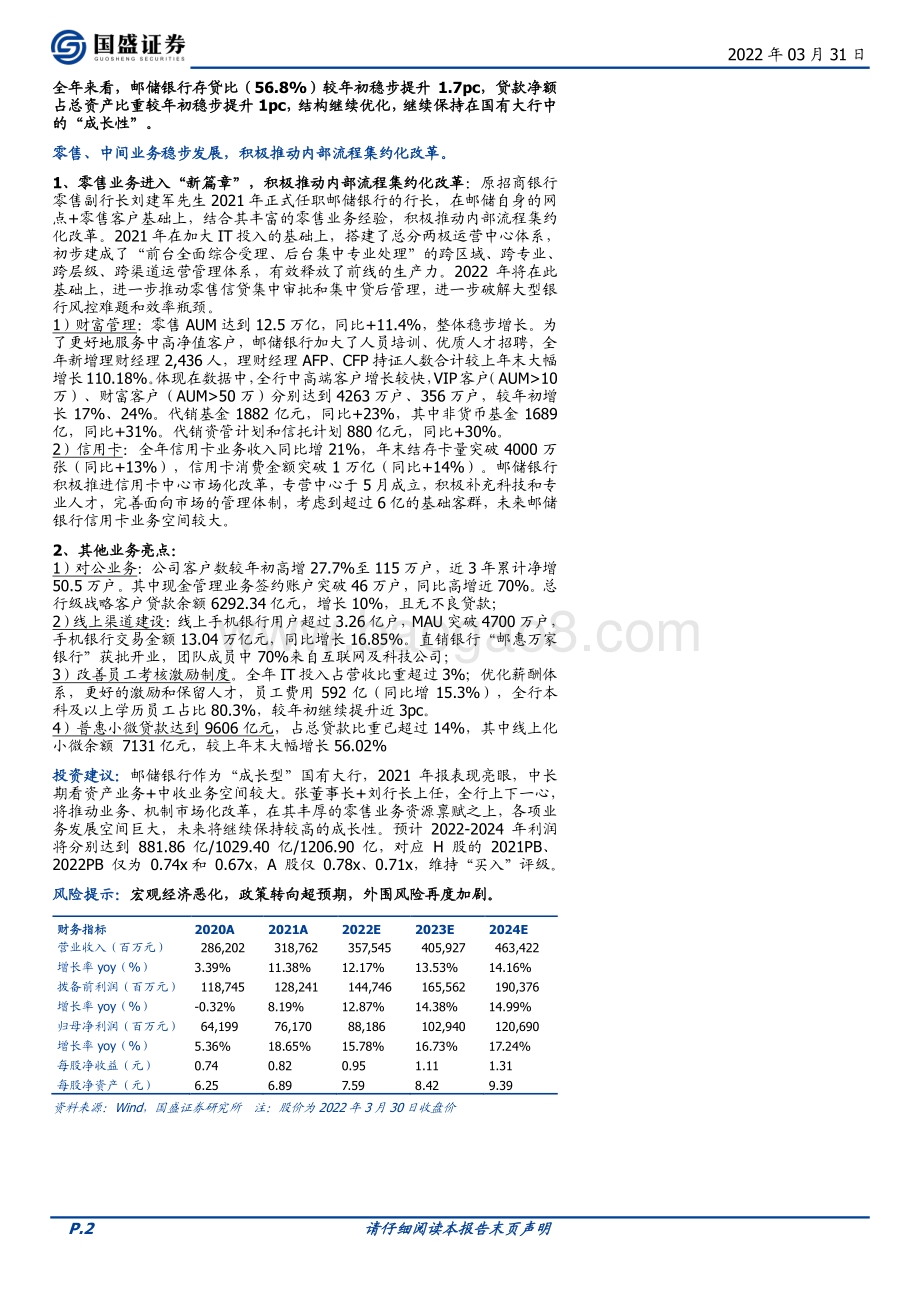 20220331-国盛证券-邮储银行-01658.HK-2021年利润高增18.6_积极推进内部流程集约化改革_6页_885kb (1).pdf_第2页