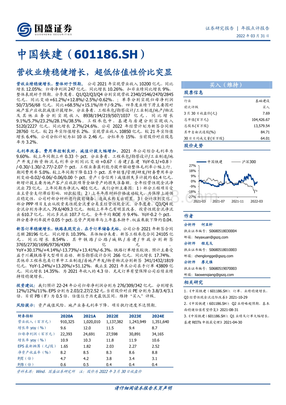 20220331-国盛证券-中国铁建-601186.SH-营收业绩稳健增长_超低估值性价比突显_3页_640kb (1).pdf_第1页