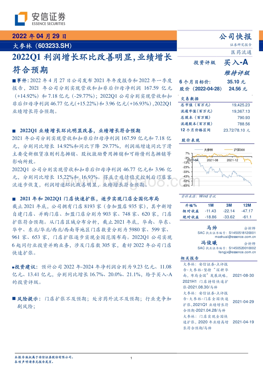 20220429-安信证券-大参林-603233.SH-2022Q1利润增长环比改善明显_业绩增长符合预期_5页_324kb.pdf_第1页