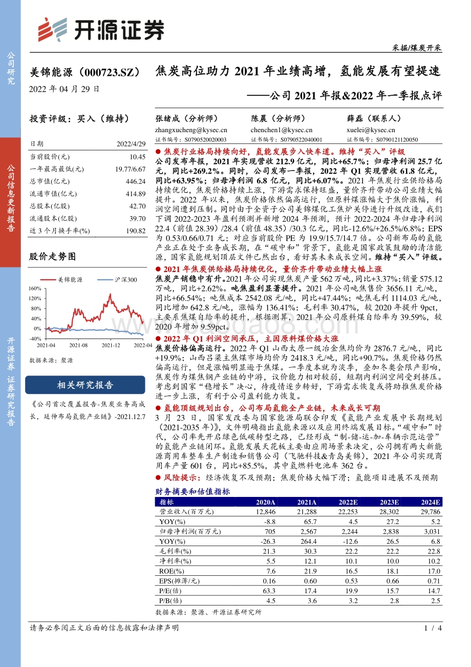 20220429-开源证券-美锦能源-000723.SZ-公司2021年报_2022年一季报点评_焦炭高位助力2021年业绩高增_氢能发展有望提速_4页_634kb.pdf
