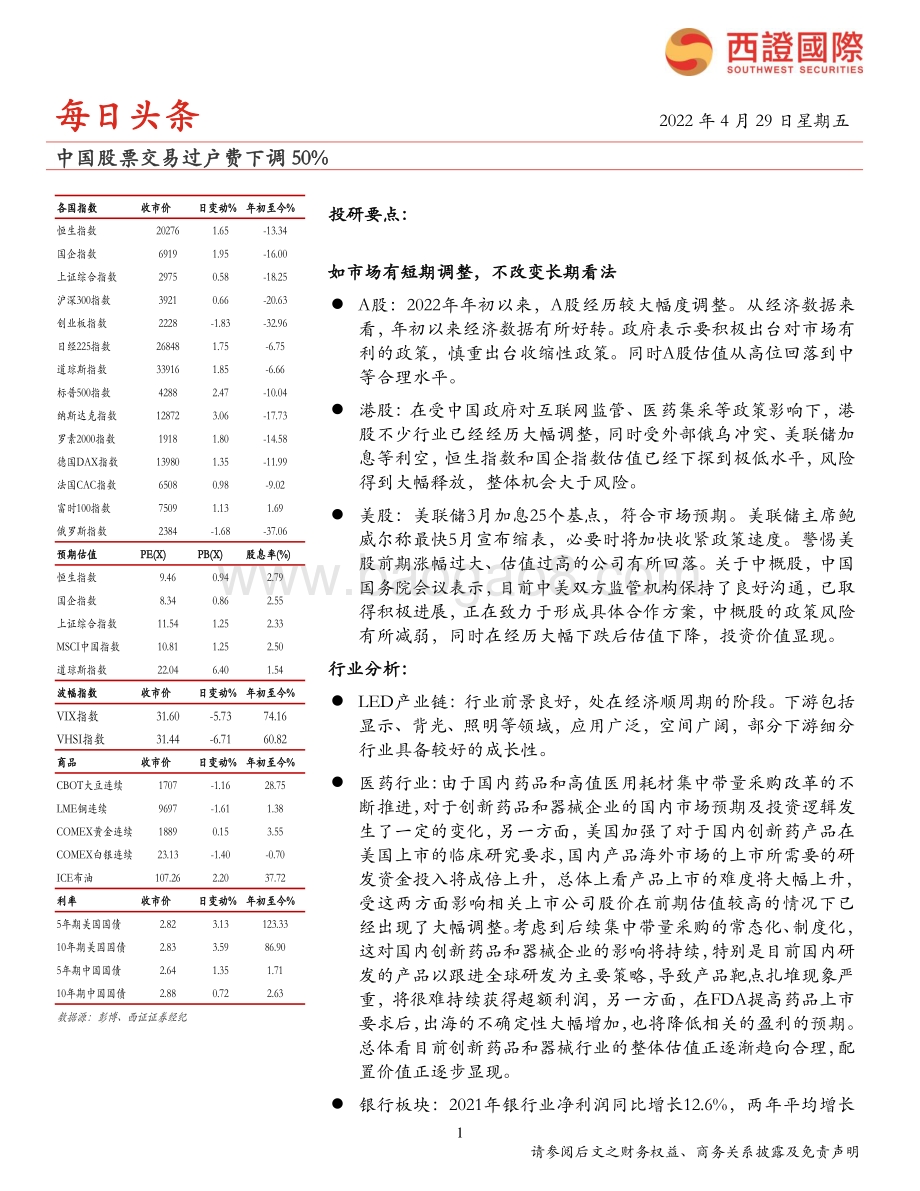 20220429-西证国际证券-每日头条_中国股票交易过户费下调50__8页_496kb.pdf_第1页