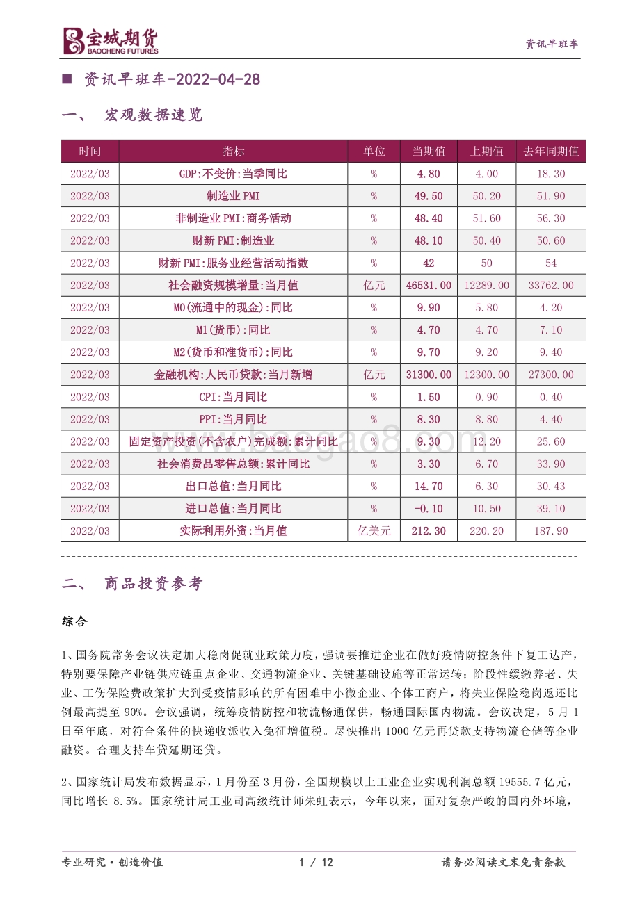 20220428-宝城期货-资讯早班车_12页_490kb.pdf_第1页