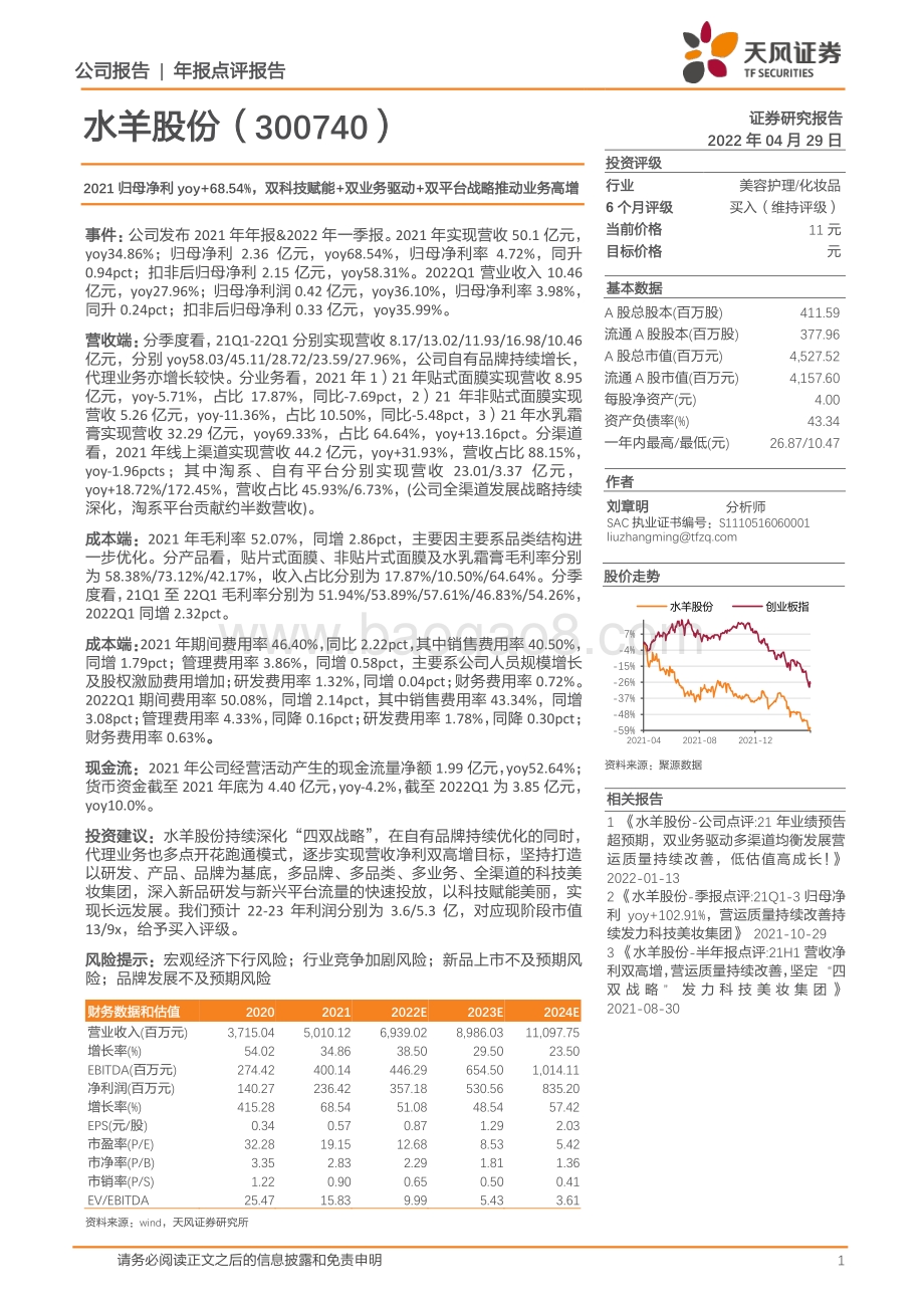20220429-天风证券-水羊股份-300740.SZ-2021归母净利yoy+68.54_双科技赋能+双业务驱动+双平台战略推动业务高增_6页_360kb.pdf_第1页