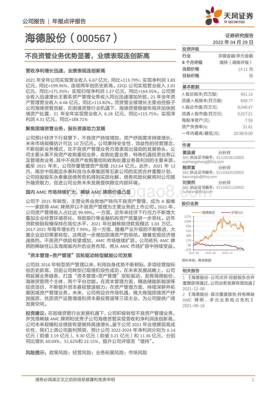 20220429-天风证券-海德股份-000567.SZ-不良资管业务优势显著_业绩表现连创新高_4页_232kb.pdf_第1页