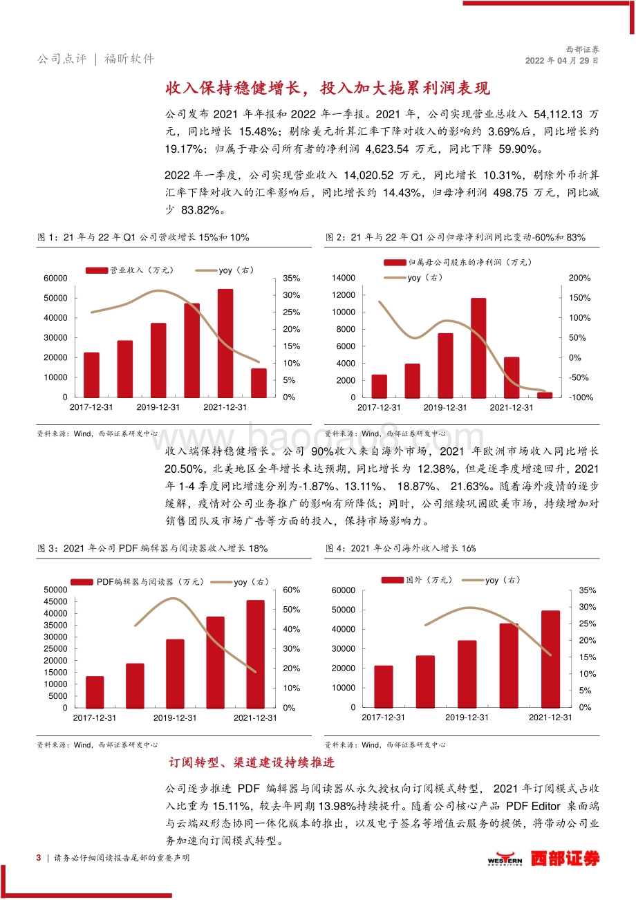 20220429-西部证券-福昕软件-688095.SH-点评报告_收入保持稳健增长_投入加大拖累利润表现_7页_363kb.pdf_第3页