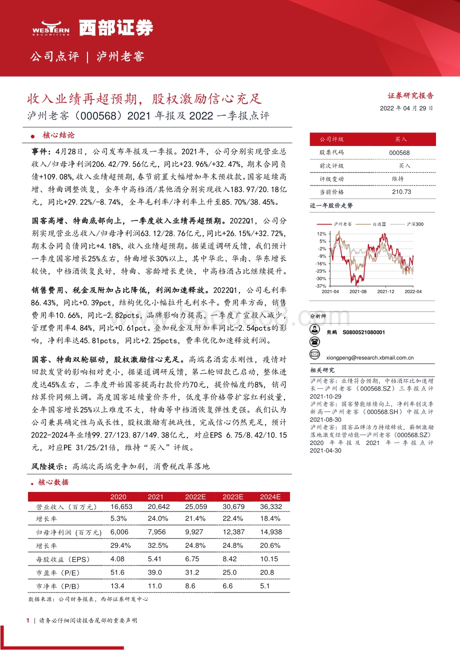 20220429-西部证券-泸州老窖-000568.SZ-2021年报及2022一季报点评_收入业绩再超预期_股权激励信心充足_7页_363kb.pdf_第1页