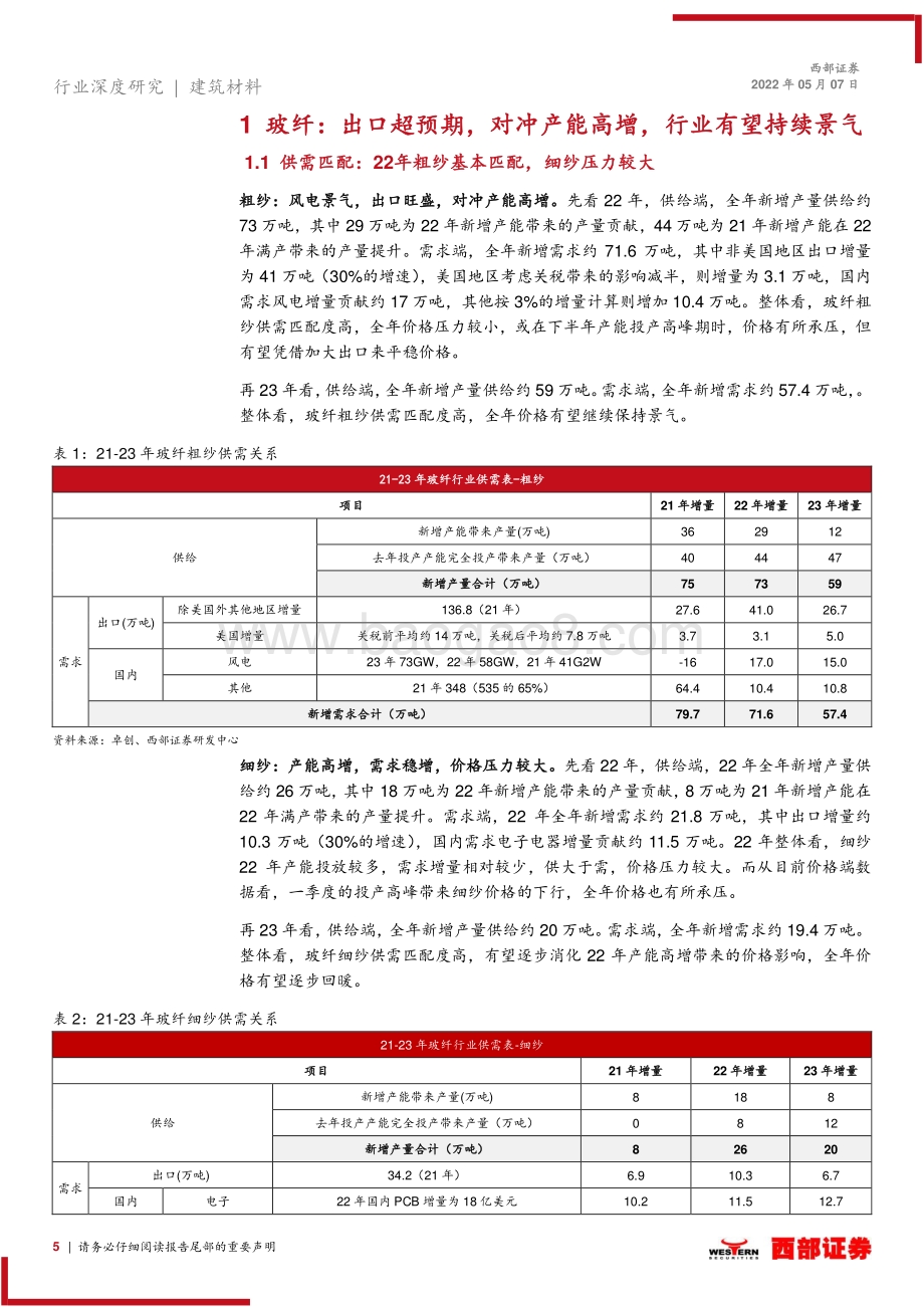 深度报告-20220507-西部证券-2022年非金属建材行业周期板块中期策略报告_海外需求超预期利好玻纤_稳增长落地建议积极配置水泥龙头_44页_1mb.pdf_第5页