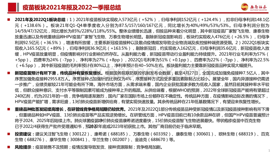 西南证券-疫苗板块2021年报及2022一季报总结_新冠疫苗叠加重磅品种放量助力板块延续高增长_12页_1mb.pdf_第2页