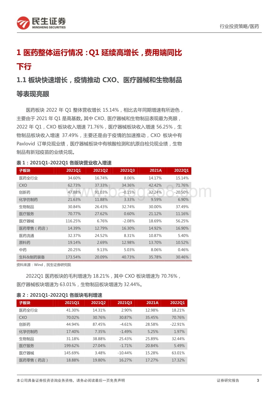 民生证券-医药行业2021年报_2022Q1财报总结_医药板块延续高增长态势_底部位置蓄势待发_55页_5mb.pdf_第3页
