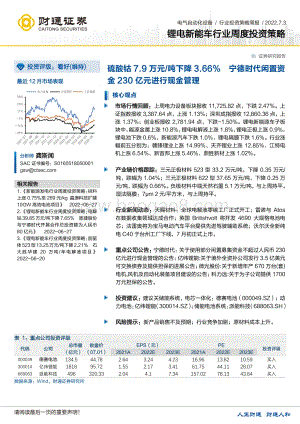财通证券-锂电新能车行业周度投资策略_硫酸钴7.9万元_吨下降3.66__宁德时代闲置资金230亿元进行现金管理_19页_1mb.pdf