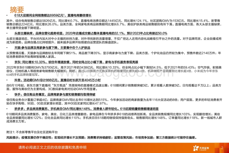 天风证券-2022年618各电商平台表现总结_消费复苏带动销售额增长_直播电商表现亮眼店播趋势明显_29页_2mb.pdf_第2页