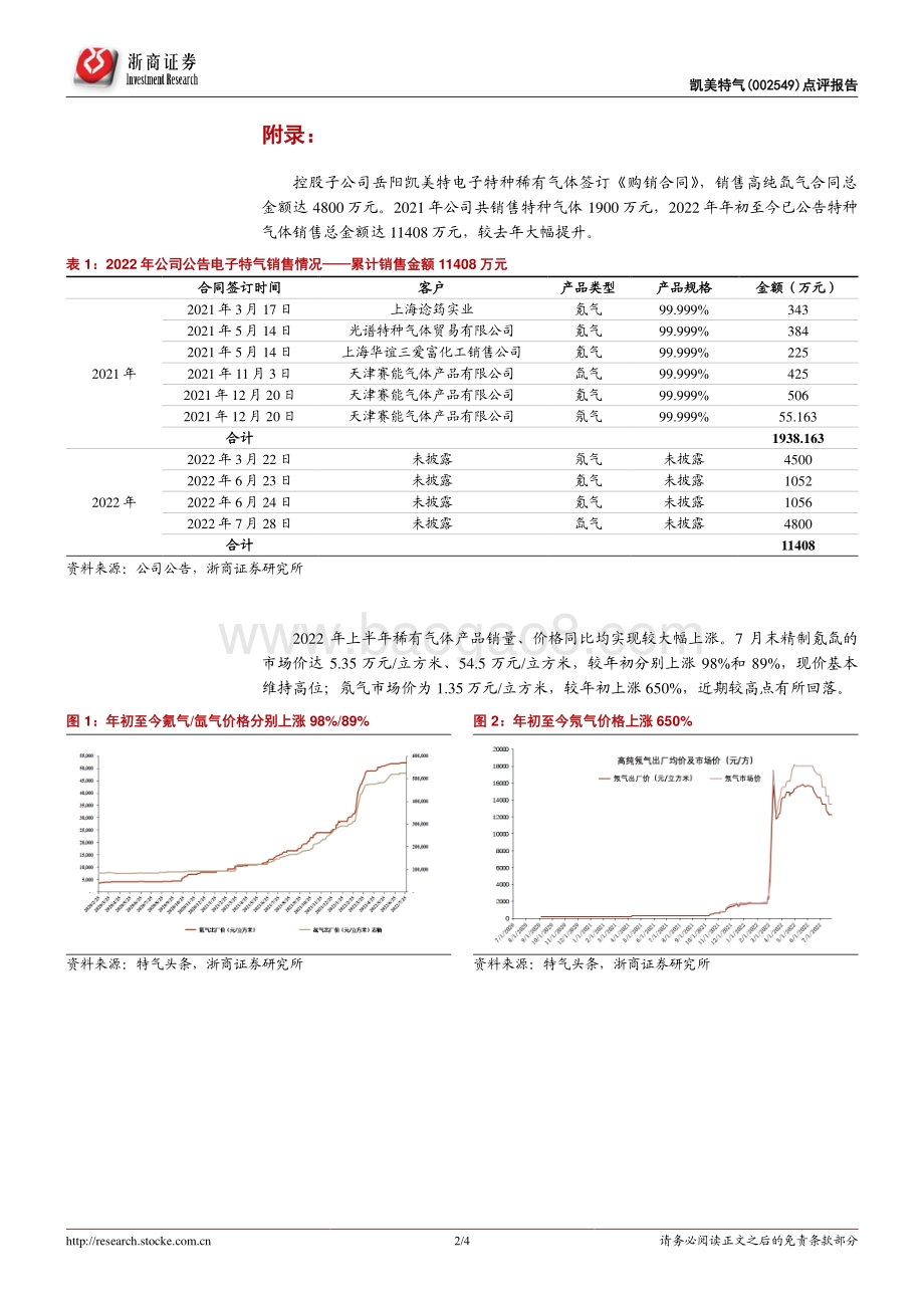 20220730-浙商证券-凯美特气-002549.SZ-凯美特气点评报告_签电子特气采购合同_预计下半年业绩提速_4页_905kb.pdf_第2页