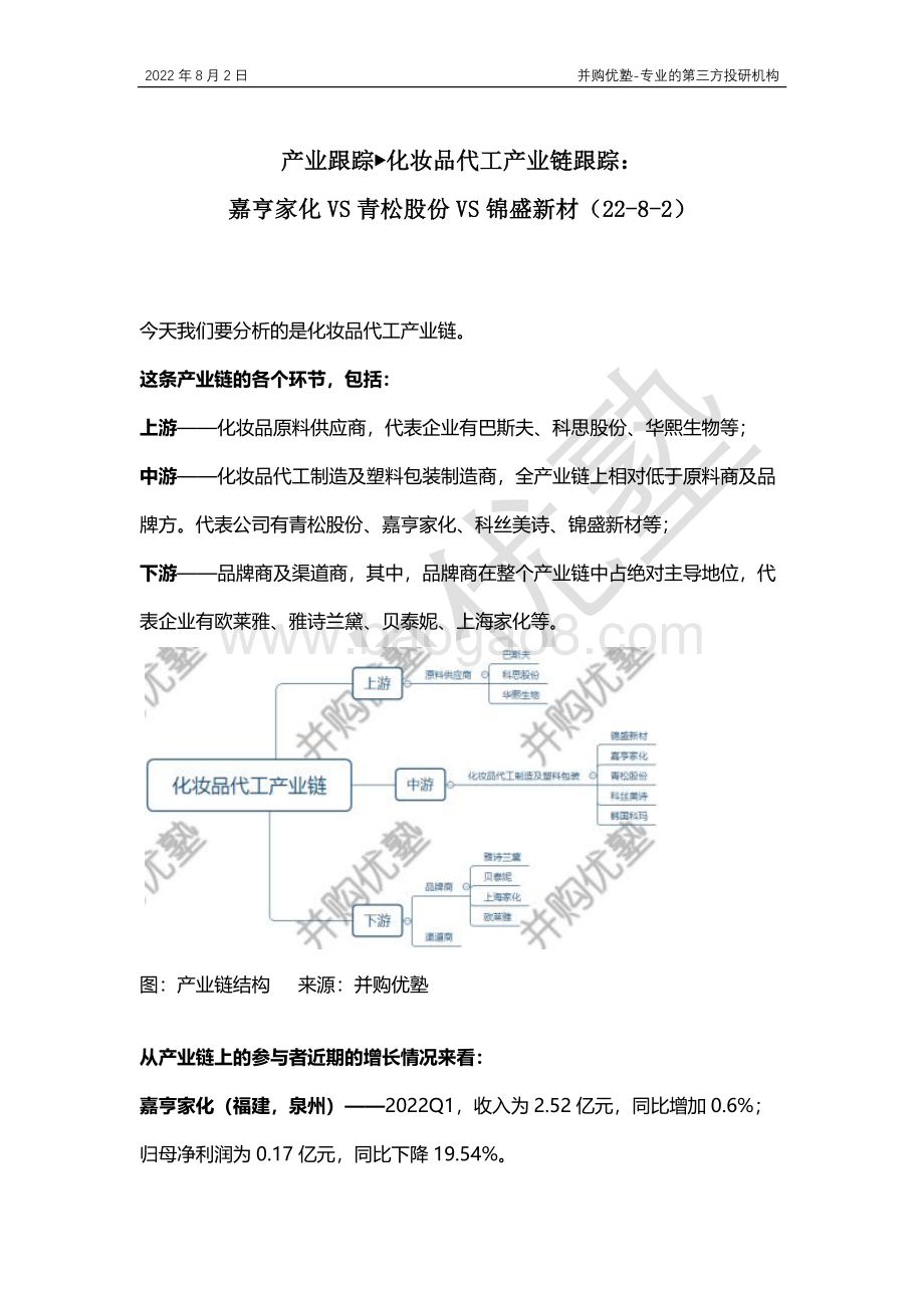 20220802-并购优塾-产业跟踪-化妆品代工产业链跟踪_嘉亨家化VS青松股份VS锦盛新材_18页_1mb.pdf_第1页