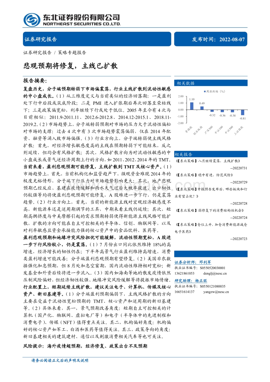 20220807-东北证券-策略专题报告_悲观预期将修复_主线已扩散_26页_1mb.pdf_第1页