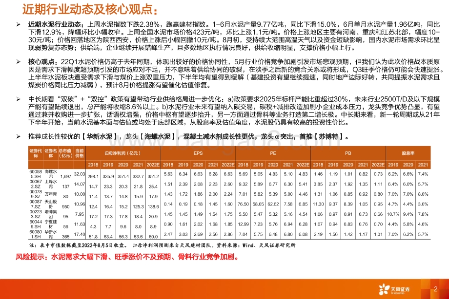 20220807-天风证券-水泥行业研究周报_需求弱势复苏_供给端错峰执行良好_水泥价格环比继续上行_21页_2mb.pdf_第2页