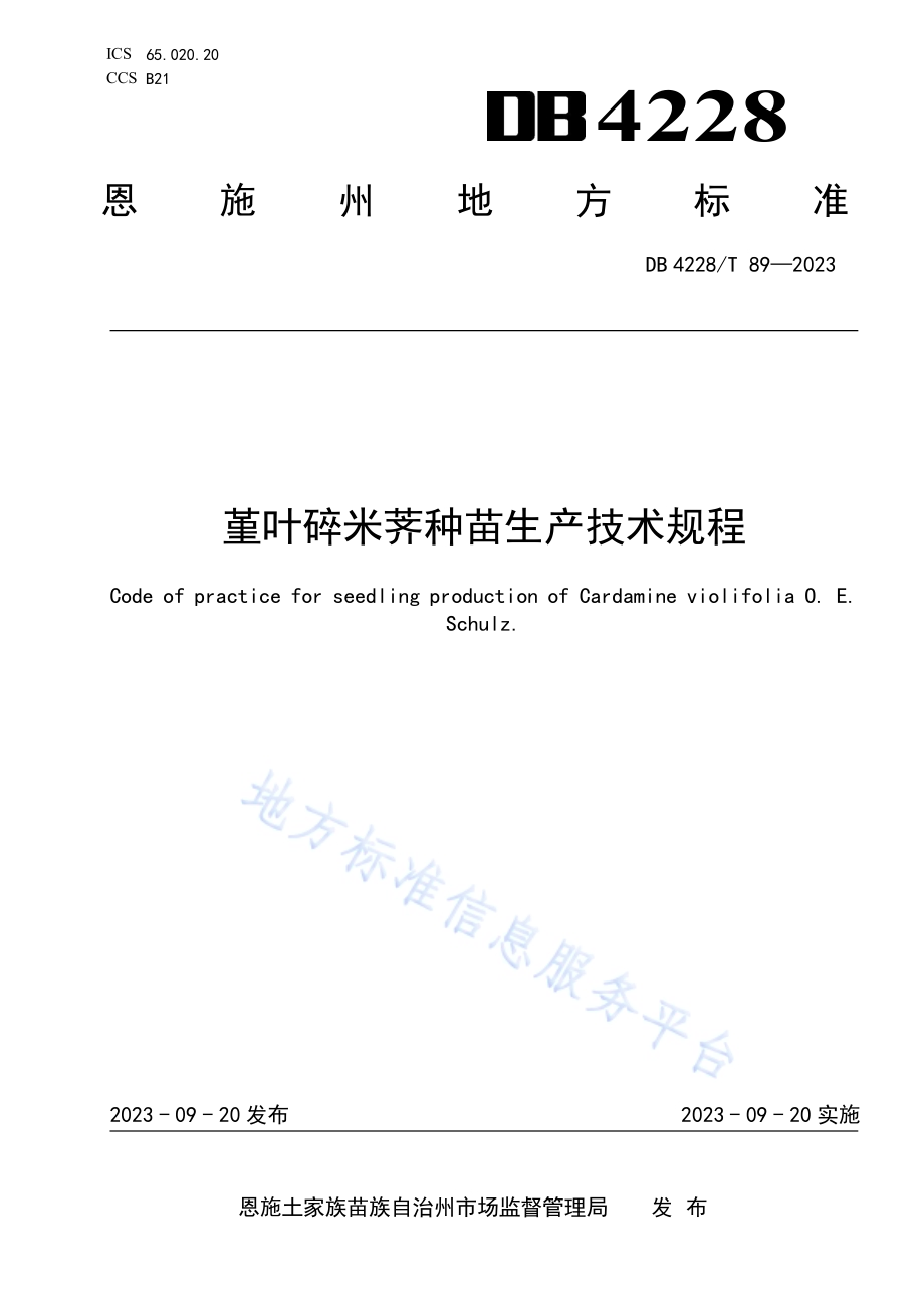 堇叶碎米荠种苗生产技术规程DB4228／T 89-2023.pdf_第1页