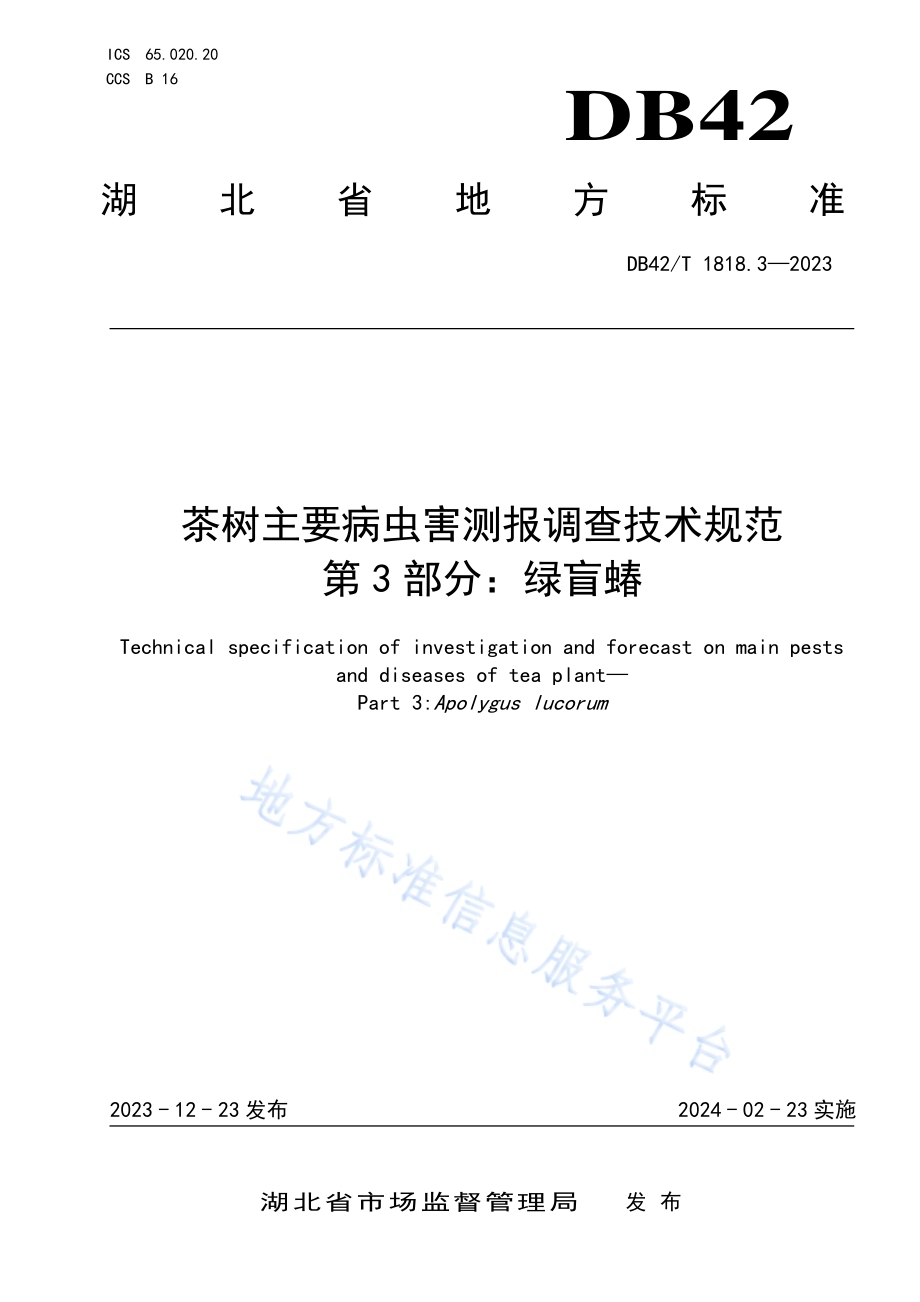 茶树主要病虫害测报调查技术规范 第3部分绿盲蝽DB42／T 1818.3-2023.pdf_第1页