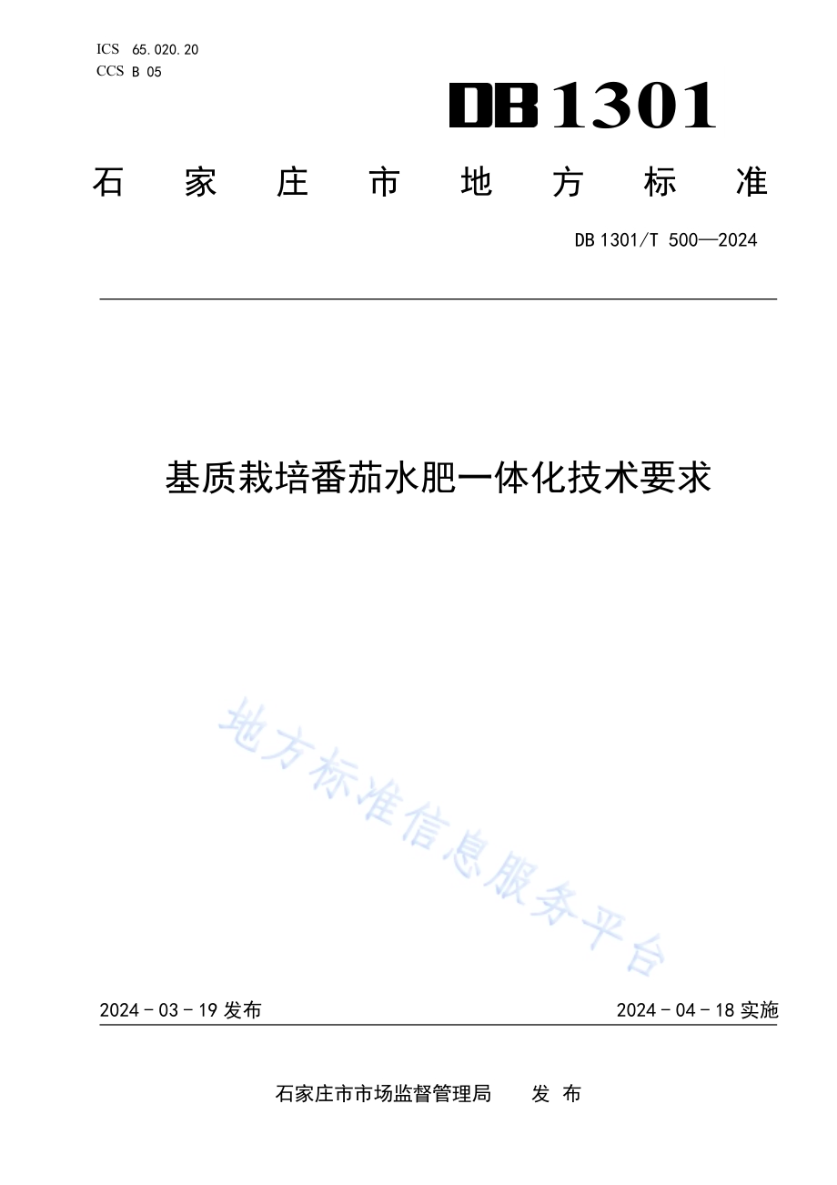 基质栽培番茄水肥一体化技术要求DB1301／T 500-2024.pdf_第1页