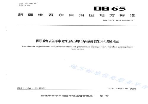 阿魏菇种质资源保藏技术规程DB65／T 4373-2021.pdf