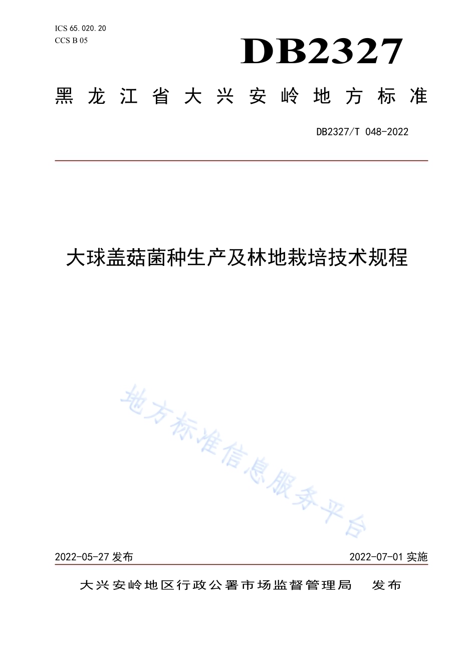 大球盖菇菌种生产及林地栽培技术规程DB2327／T 048-2022.pdf_第1页