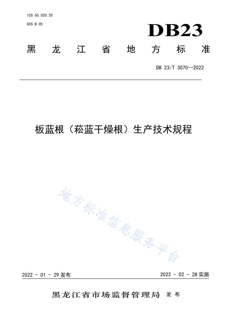 板蓝根（菘蓝干燥根）生产技术规程DB23／T 3070—2022.pdf_第1页