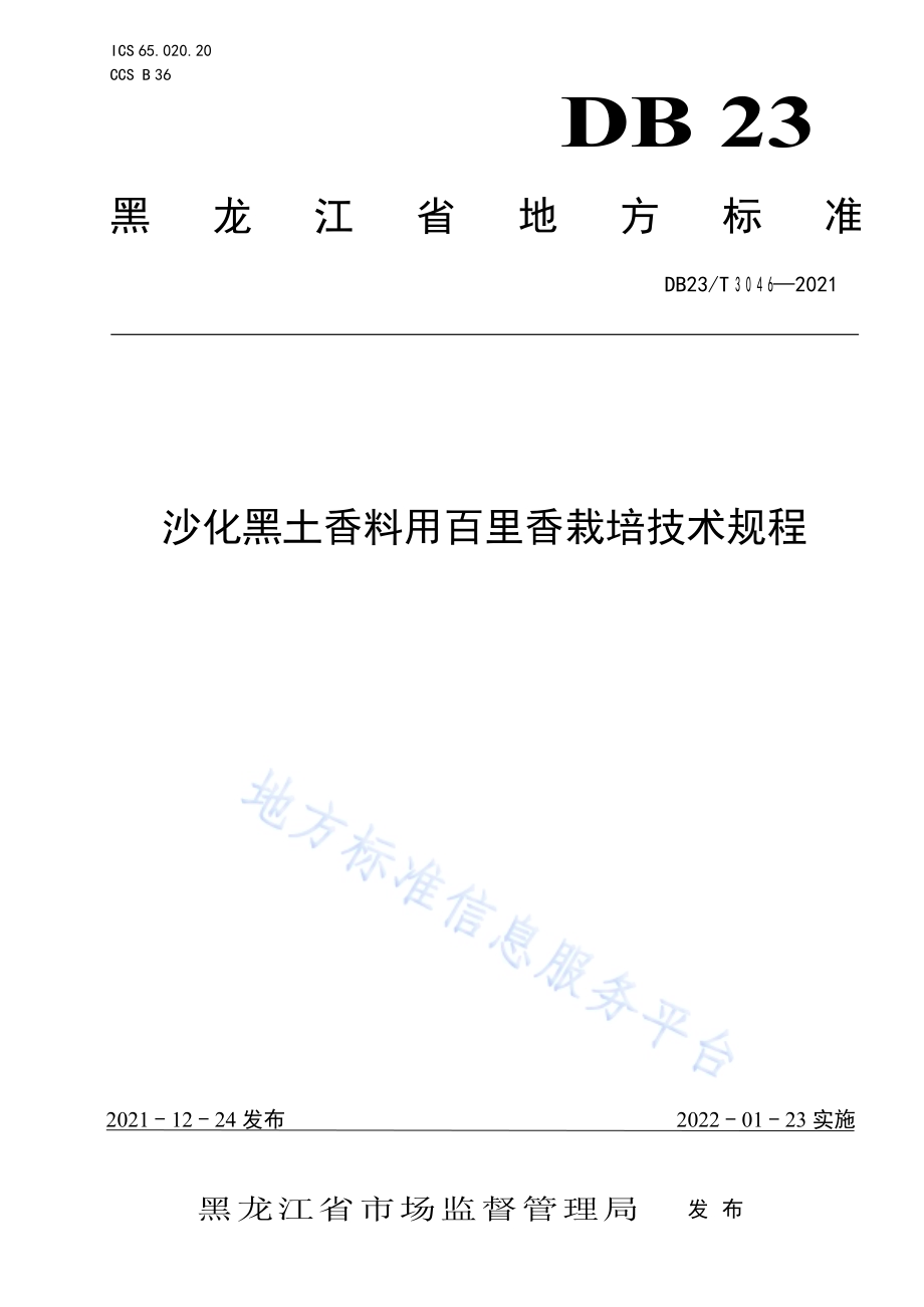 沙化黑土香料用百里香栽培技术规程DB23／T 3046-2021.pdf_第1页