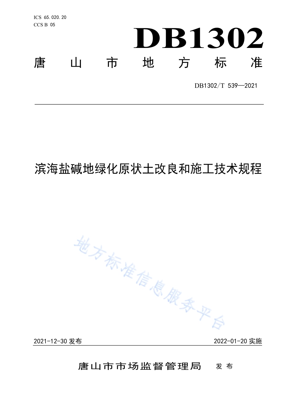 滨海盐碱地绿化原状土改良和施工技术规程DB1302／T 539-2021.pdf_第1页