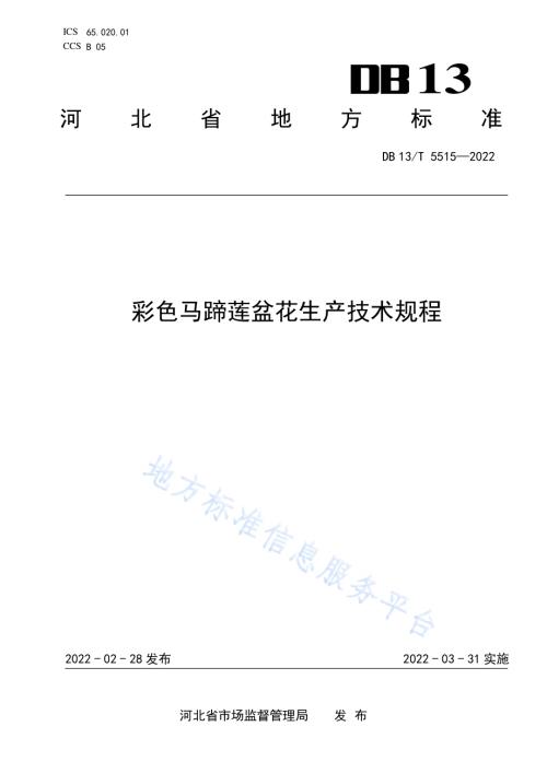 彩色马蹄莲盆花生产技术规程DB13／T 5515-2022.pdf