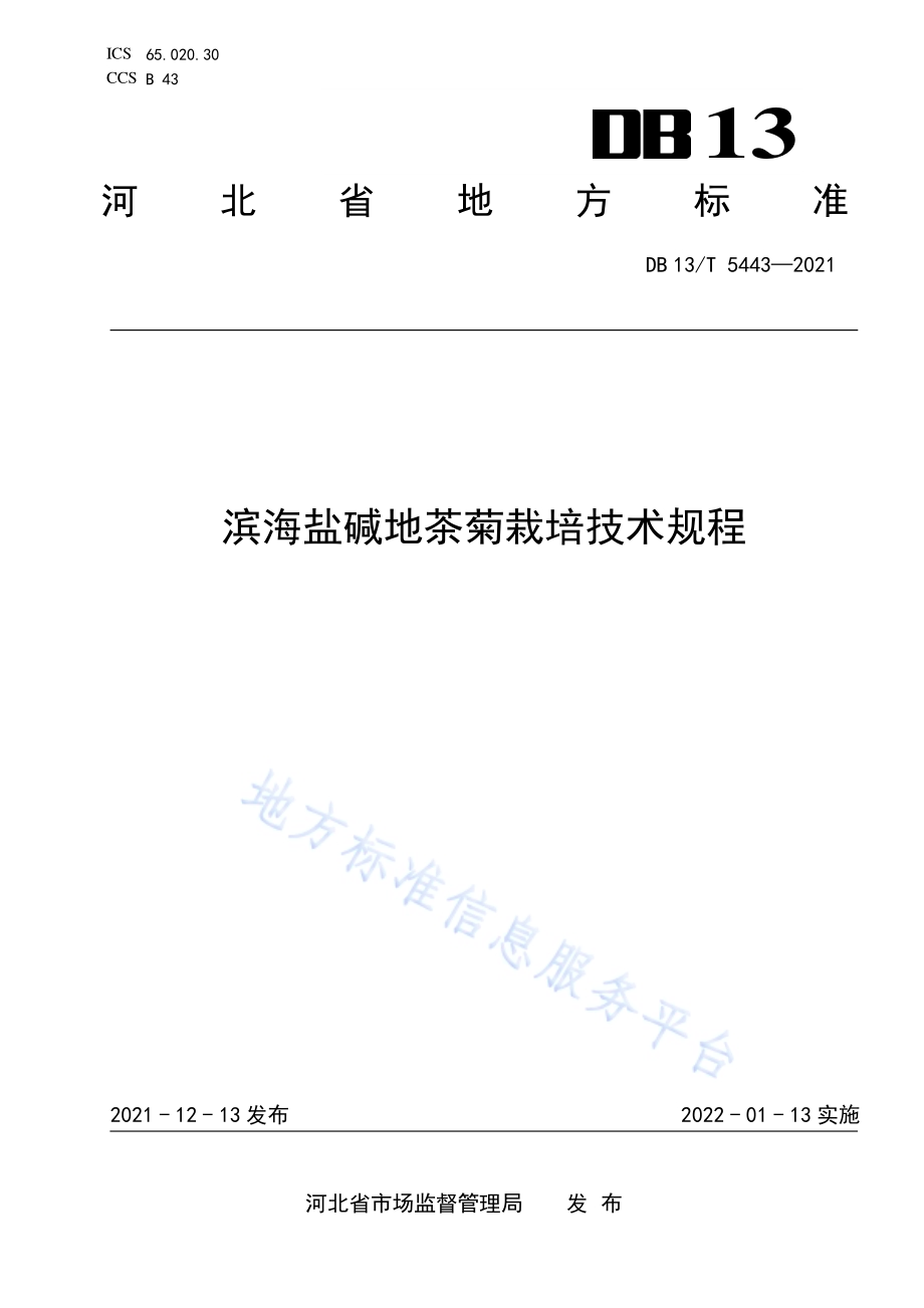 滨海盐碱地茶菊栽培技术规程DB13／T 5443-2021.pdf_第1页