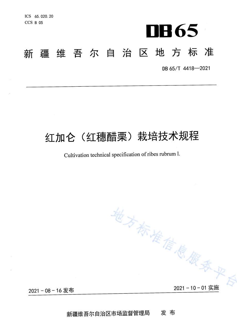 红加仑（红穂醋栗）栽培技术规程DB65／T 4418-2021.pdf_第1页