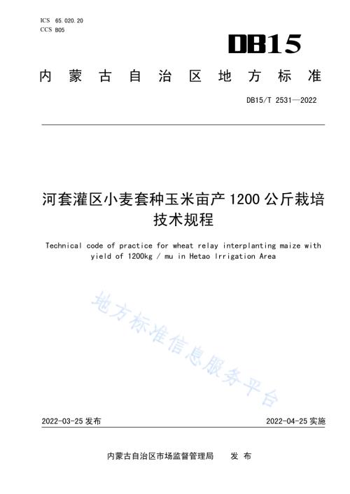 河套灌区小麦套种玉米亩产1200公斤栽培技术规程DB15／T 2531—2022.pdf