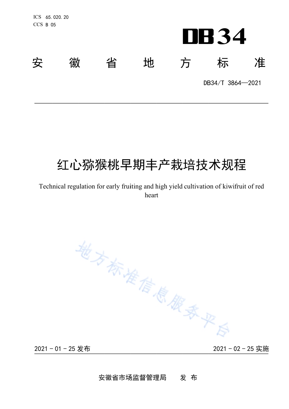 红心猕猴桃早期丰产栽培技术规程DB34／T 3864-2021.pdf_第1页