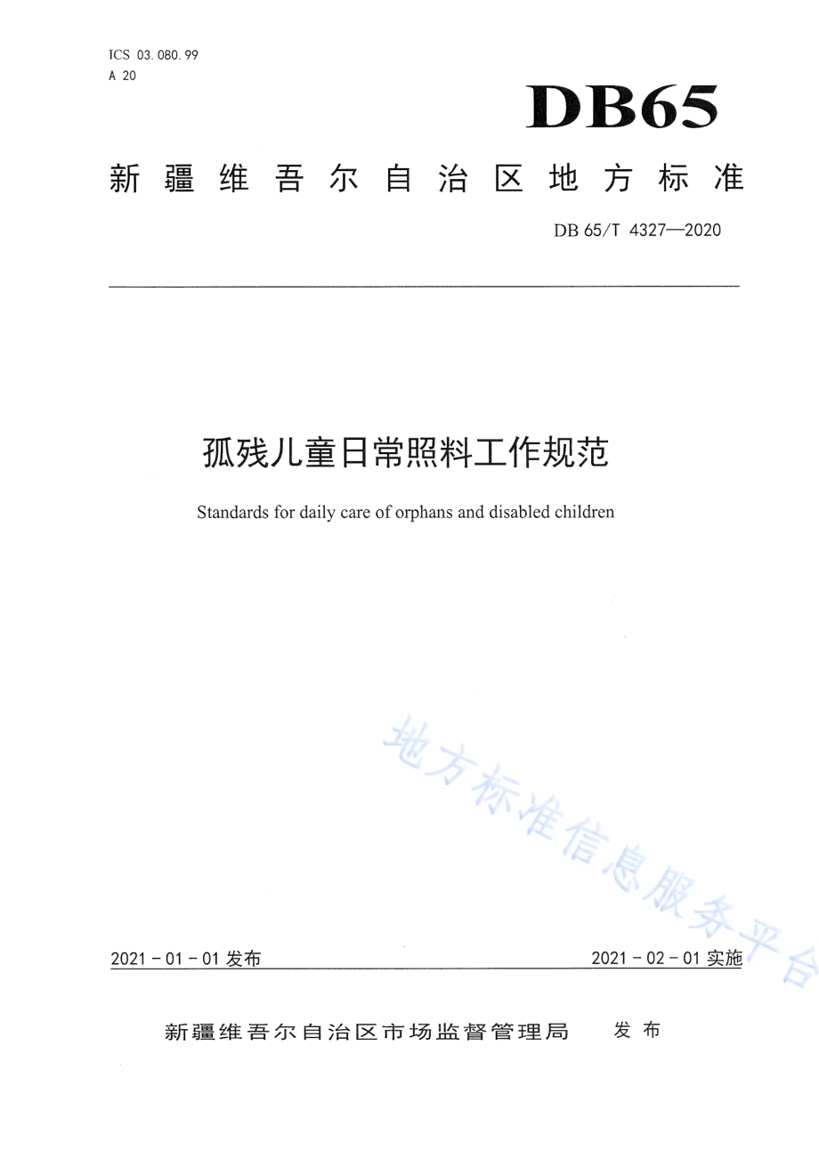 孤残儿童日常照料工作规范DB65／T 4327-2020.pdf_第1页