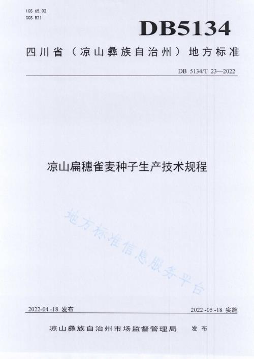凉山扁穗雀麦种子生产技术规程DB5134／T 23-2022.pdf