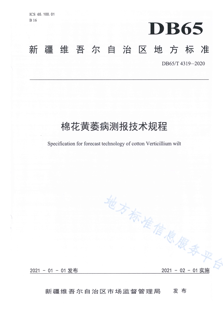 棉花黄萎病测报技术规程DB65／T 4319-2020.pdf_第1页