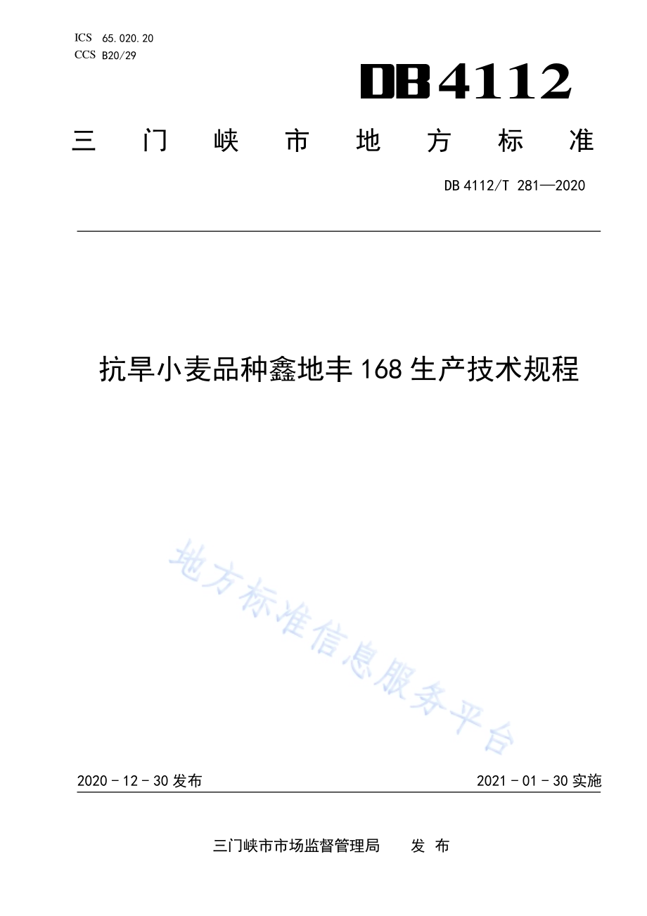 抗旱小麦品种鑫地丰168生产技术规程DB4112／T 281—2020.pdf_第1页