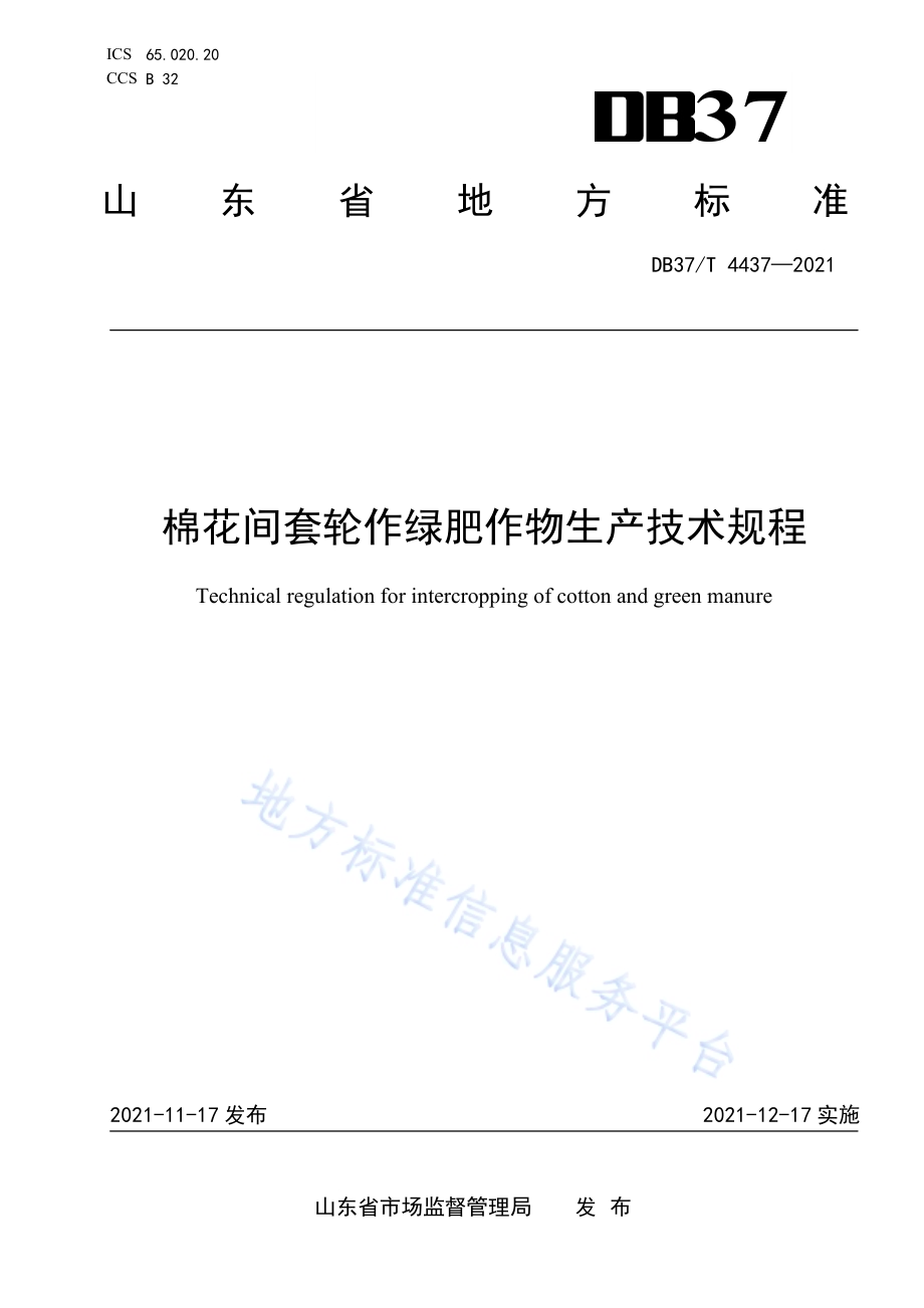 棉花间套轮作绿肥作物生产技术规程DB37／T 4437—2021.pdf_第1页