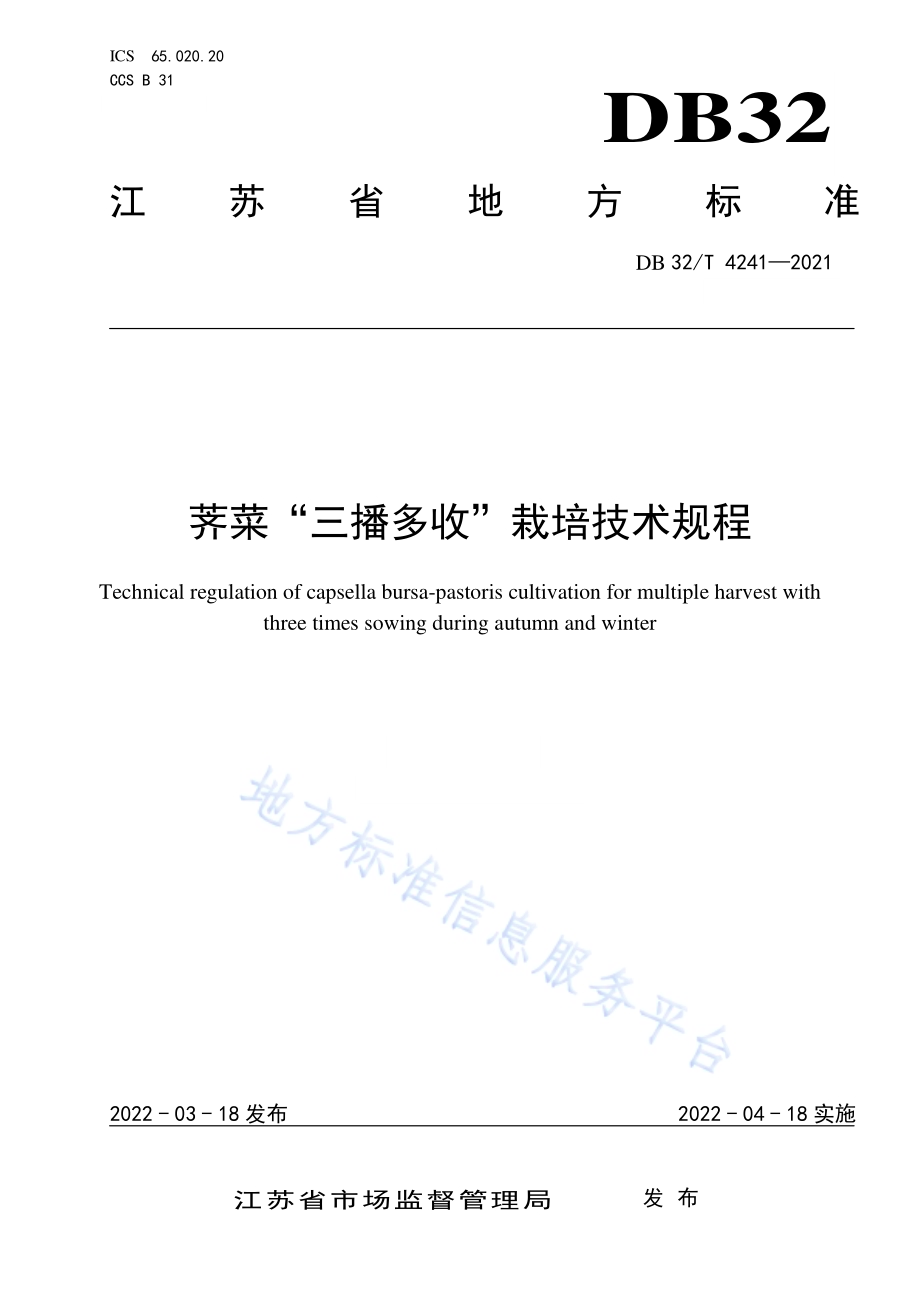 荠菜“三播多收”栽培技术规程DB32／T 4241-2022.pdf_第1页