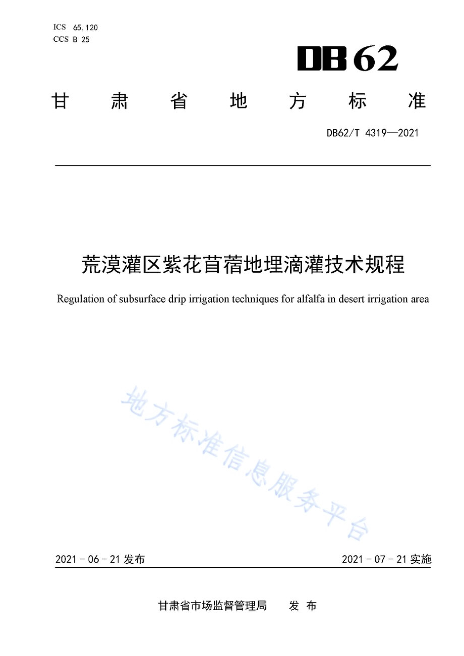 荒漠灌区紫花苜蓿地埋滴灌技术规程DB62／T 4319-2021.pdf_第1页