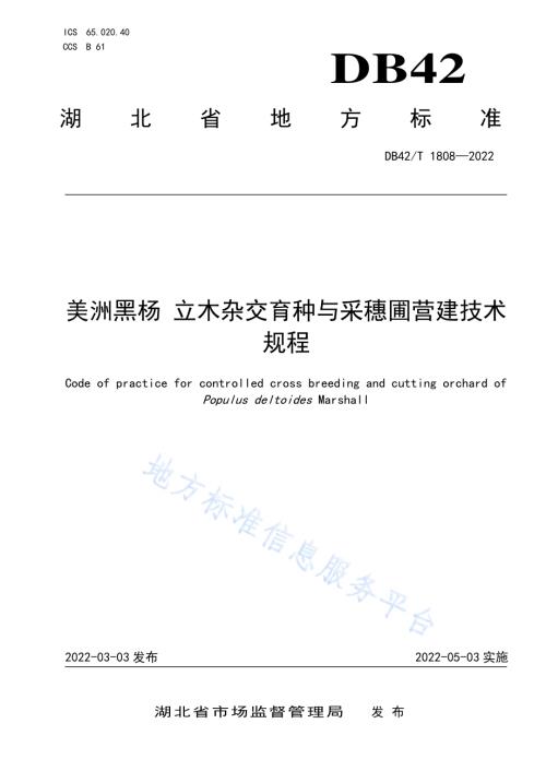 美洲黑杨 立木杂交育种与采穗圃营建技术规程DB42／T1808-2022.pdf