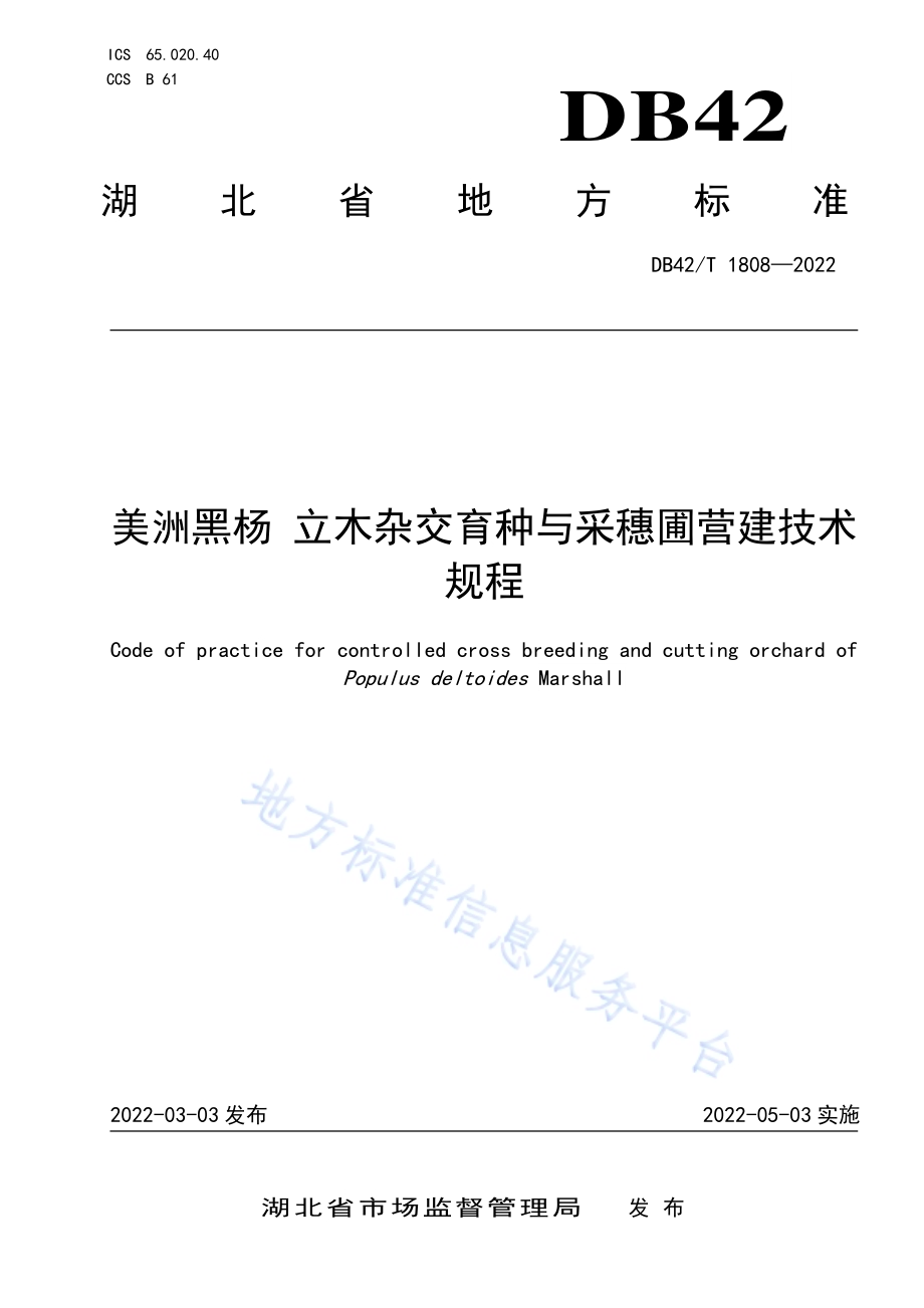 美洲黑杨 立木杂交育种与采穗圃营建技术规程DB42／T1808-2022.pdf_第1页