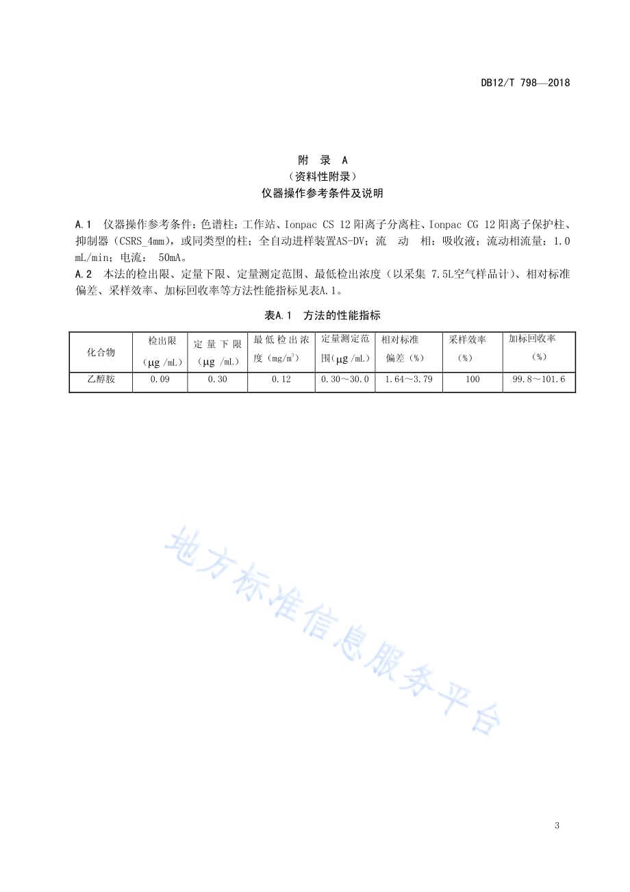 工作场所空气中乙醇胺的测定 离子色谱法DB12／T 798-2018.pdf_第5页