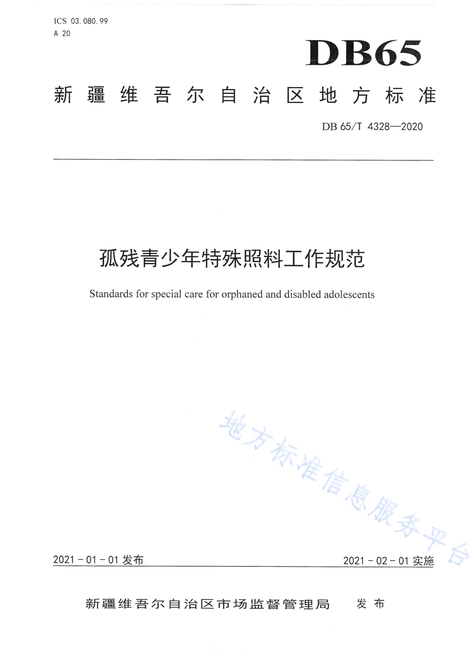 孤残青少年特殊照料工作规范DB65／T 4328-2020.pdf_第1页
