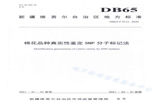 棉花品种真实性鉴定SNP分子标记法DB65／T 4315-2020.pdf